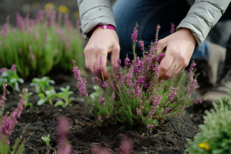 A woman is planting autumn heats in the gardenの素材