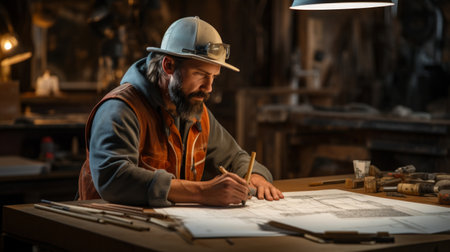 Concentrated carpenter in hardhat drafting plans in workshopの素材