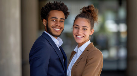 A young woman in brown trousers and a white shirt stands smiling back to back with a young man in a dark blue suit.の素材