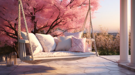 an outdoor lounge chair and tree in a backyard.の素材