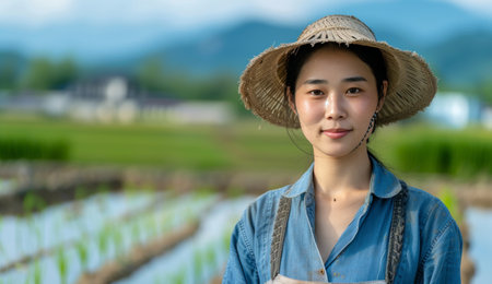 a woman standing near a rice paddy.の素材