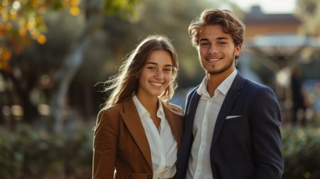 A young woman in brown trousers and a white shirt stands smiling back to back with a young man in a dark blue suit.の素材