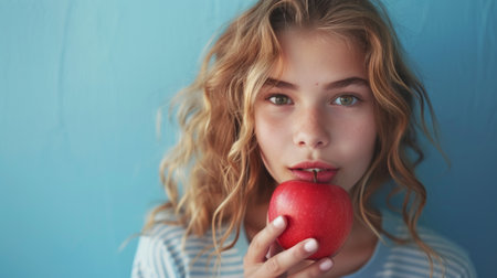 Beautiful girl 12 years old bites off a large juicy apple,の素材