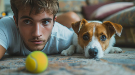 A young handsome man looks under the sofa and looks for a round yellow tennis ball.の素材
