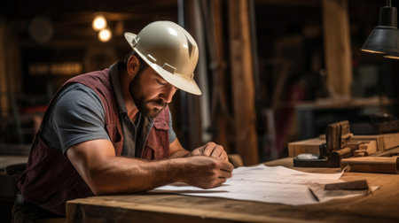 Concentrated carpenter in hardhat drafting plans in workshopの素材