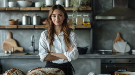 A woman stands in the kitchenの素材