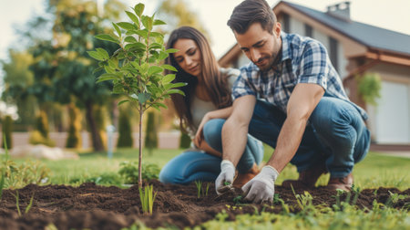 A young beautiful couple plants a tree in their gardenの素材