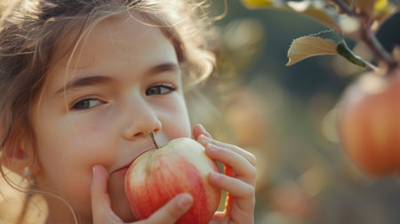 Beautiful girl 12 years old bites off a large juicy apple,の素材