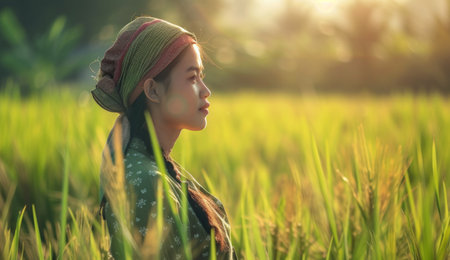 A woman collects rice in a rice fieldの素材