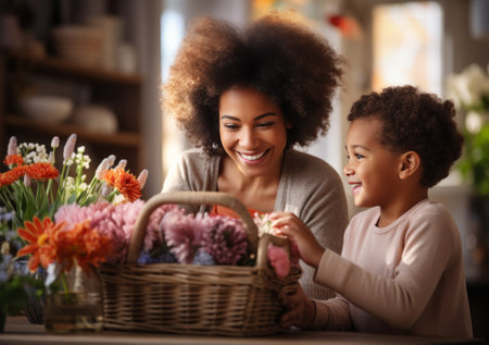 a woman showing her son the easter basket.の素材