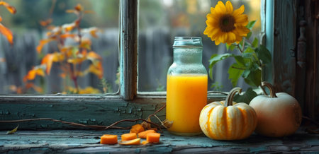 an apple pickle, pumpkin, apple, and pumpkin juice sitting by a windowの素材