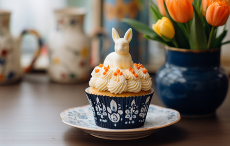 a white bunny decorating a cupcake with flowers.の素材