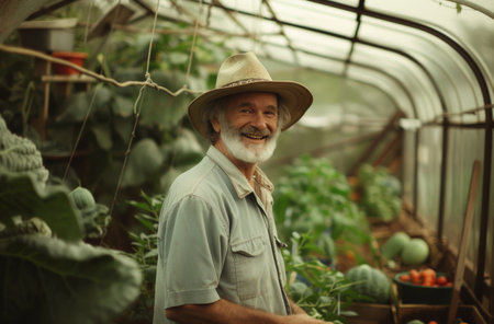 happy farmer in a greenhouse with lots of veggies.の素材