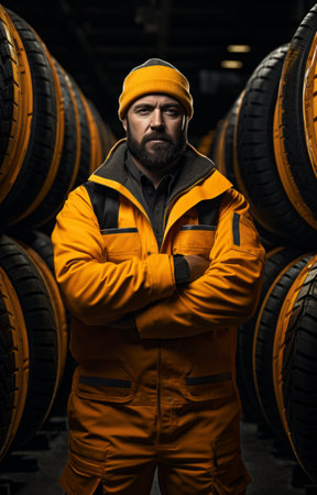 car mechanic holding tire on black backgroundの素材