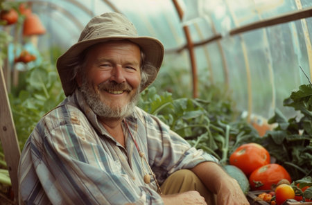 happy farmer in a greenhouse with lots of veggies.の素材
