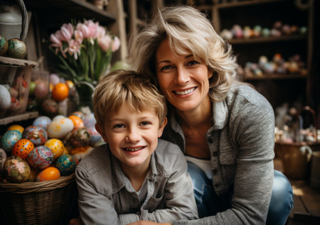 Mother and child smiling with a basket of colorful Easter eggsの素材