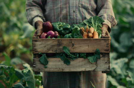 farmer in agriculture holding a wooden crate of vegetables.の素材