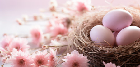 Flowers and Easter eggs in a nestの素材