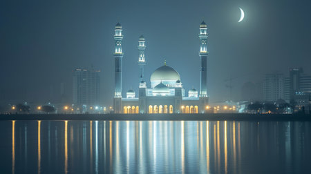 Beautiful minimalistic night background with a large beautiful mosque.の素材
