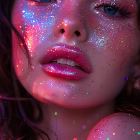 Beautiful young woman closeup portrait with bright pink lips long black eyelashes and glitter on her faceの素材