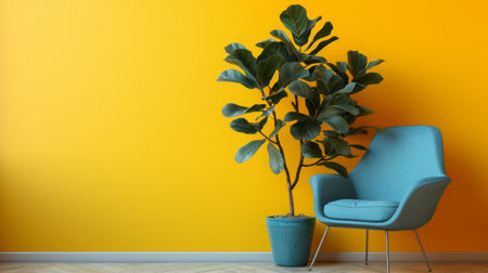 Minimalistic yellow interior with a bright blue modern armchair, ficus.の素材