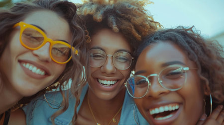 Friends laugh joyfully and look at the camera. Multinational and multiethnicの素材