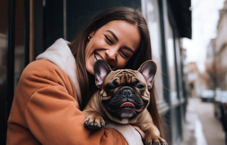 happy woman holding French bulldog.の素材