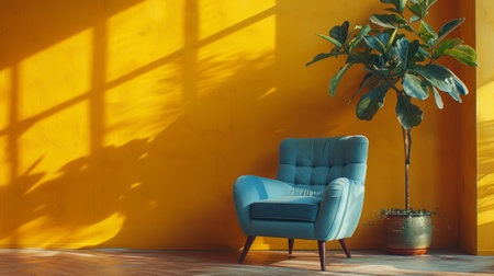 Minimalistic yellow interior with a bright blue modern armchair, ficus.の素材