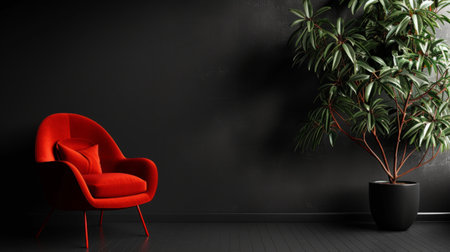 Sleek black room interior featuring a vivid red modern armchair beside a lush potted plantの素材