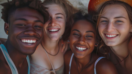 Friends laugh joyfully and look at the camera. Multinational and multiethnicの素材