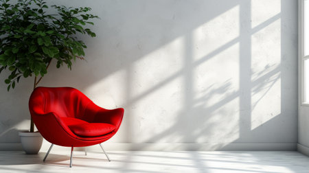Minimalistic white interior with a bright red modern armchair, ficus.の素材