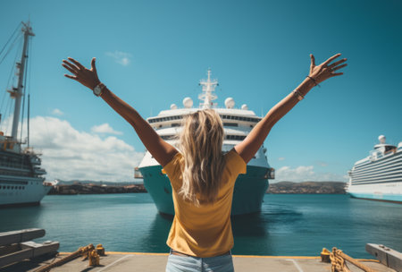 Woman with arms raised in excitement in front of a cruise ship, embracing travel freedomの素材