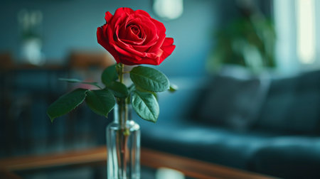 Red Rose stands in a glass vase on a table in a modern living room.の素材