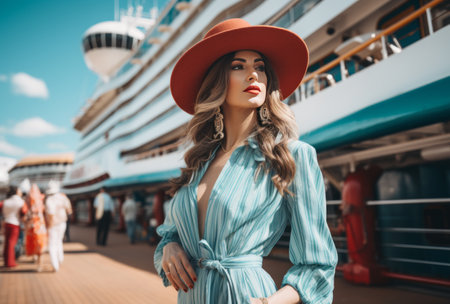 Fashionable woman in a red hat posing by a luxury cruise liner, embodying upscale travelの素材