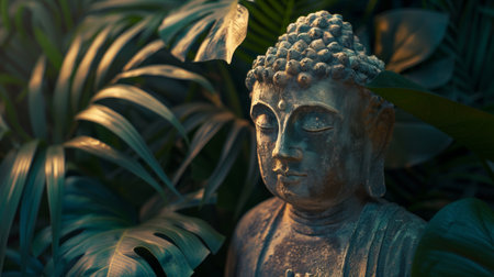 Stone buddha statue stands among tropical leaves.の素材
