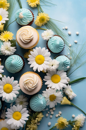sweet easter cupcakes and a few green and yellow flowers for decorating.の素材