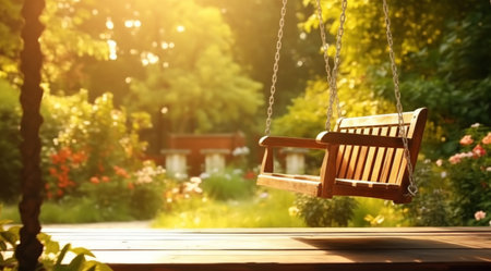wooden swing and garden deck.の素材