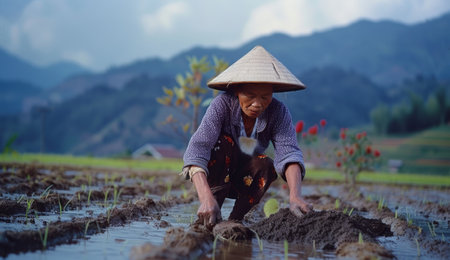 woman in traditional Asian attire plowing in a rice field.の素材