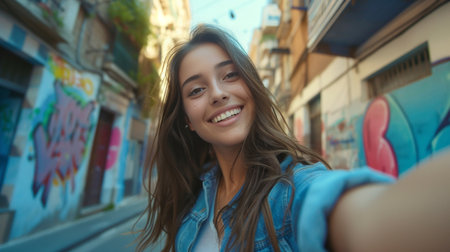 Cheerful young woman taking a selfie on a sunny city streetの素材