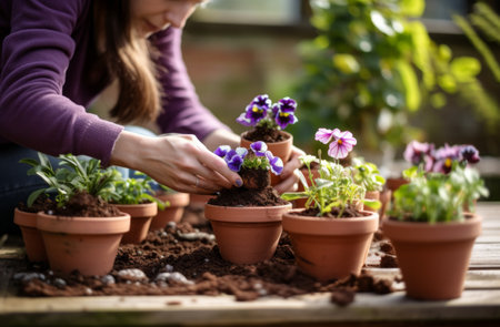 Woman focused on potting plants surrounded by an array of colorful flower pots in a sunlit gardenの素材