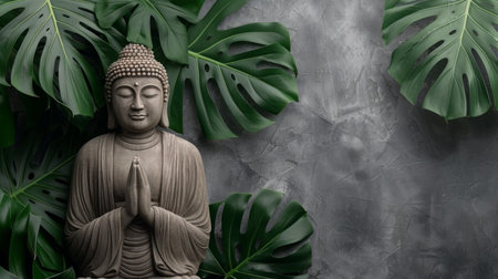 Stone buddha statue stands among tropical leaves.の素材
