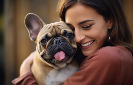 A smiling woman lovingly cuddling her French Bulldog, sharing a happy momentの素材