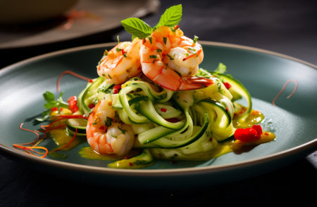 shrimp and zucchini marinated in lemon juice with vegetables on side plate.の素材