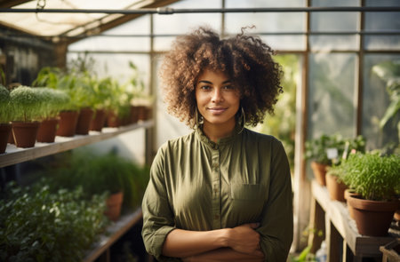 a black woman is standing in a greenhouse.の素材