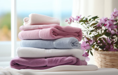 a bed with three pairs of towels on it.の素材
