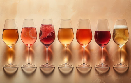 a row of wine glasses containing different kinds of wine.の素材