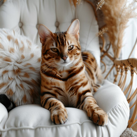 A fat spotted Bengal cat sits on a white fluffy chair and looks at the camera.の素材