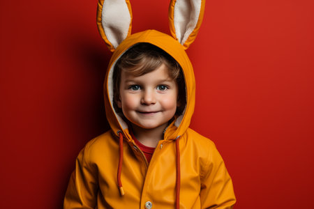 kid wearing an easter outfit wearing an easter egg.の素材