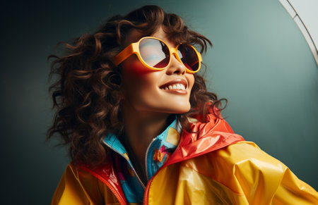 a woman wearing yellow sunglasses and a bright colored colored baseball jacket.の素材