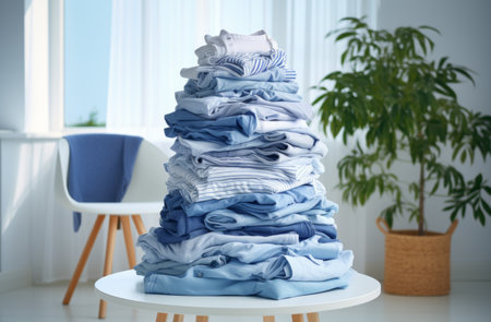 a stack of laundry stacked on a white table.の素材